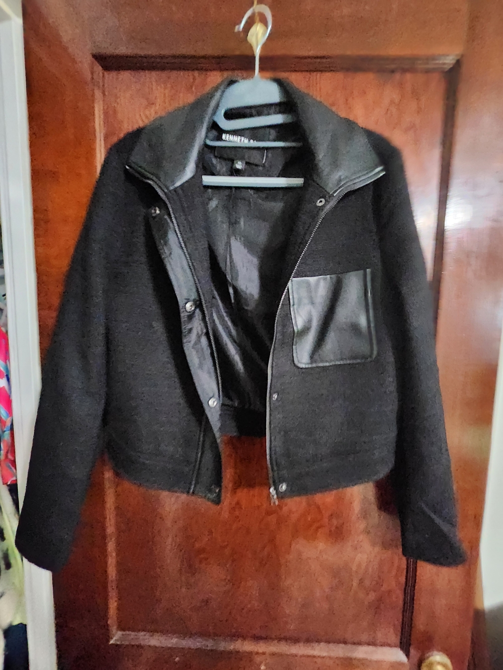 Kenneth Cole Black Wool-Blend Bomber Jacket with Leather-Trim Pocket
